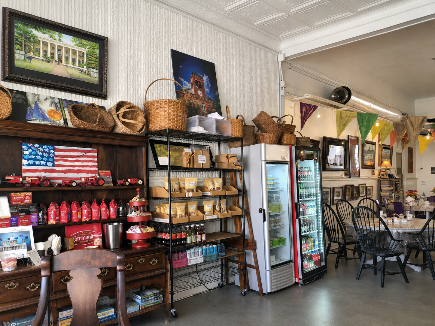 Cane Sugar coffee house interior with toffee displays, vintage decor, and cafe seating