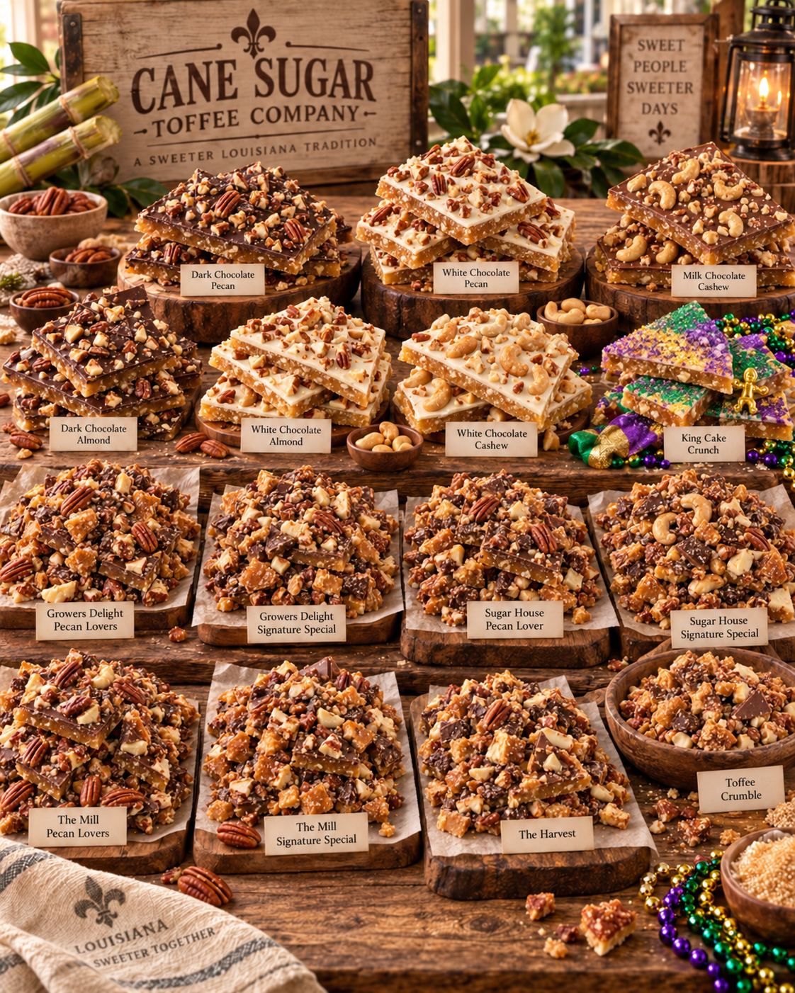 Cane Sugar Toffee Company display of chocolate toffee, nut assortments, King Cake Crunch, and toffee crumble