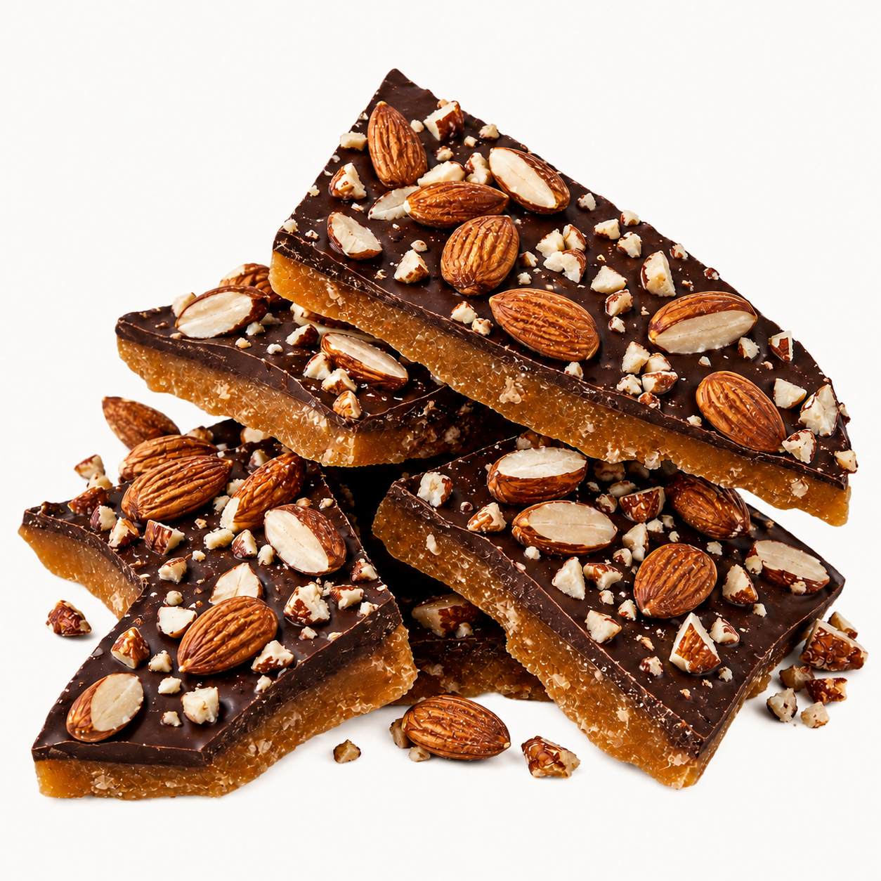Dark chocolate almond toffee stacked with toasted whole and chopped almonds