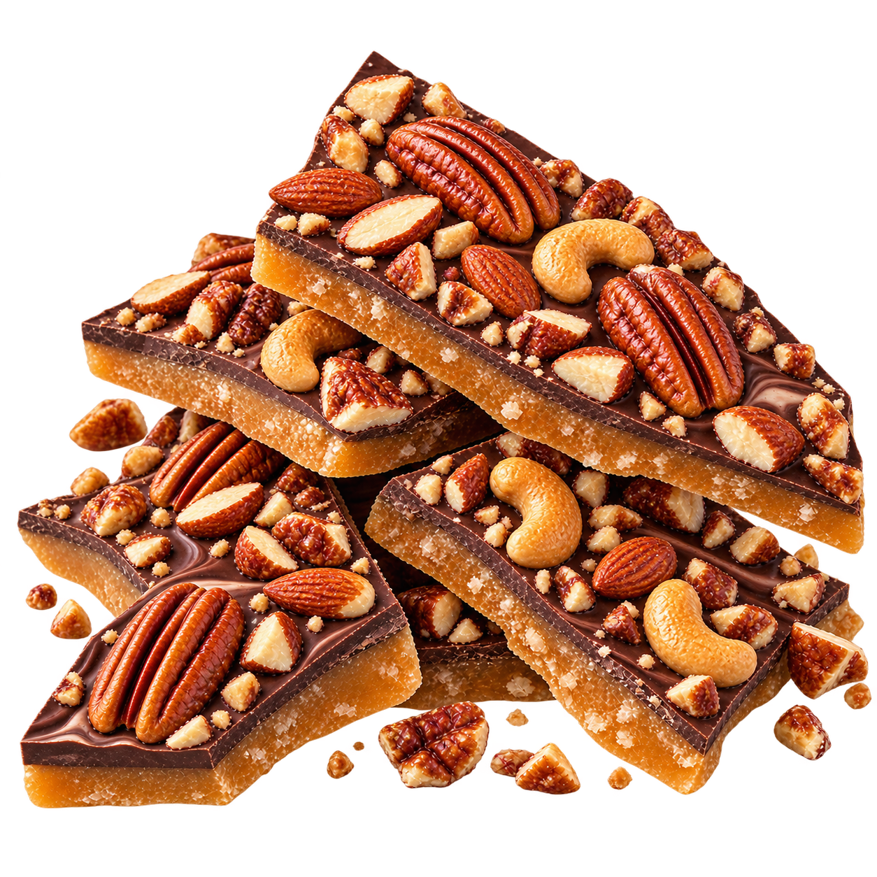Chocolate toffee topped with pecans, almonds, and cashews