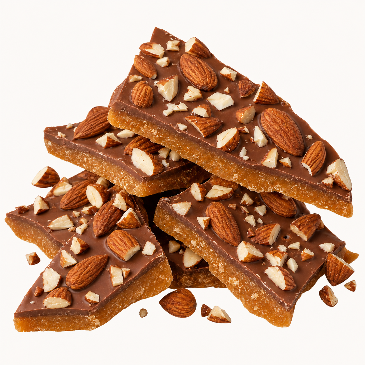 Milk chocolate almond toffee stacked with toasted whole and chopped almonds
