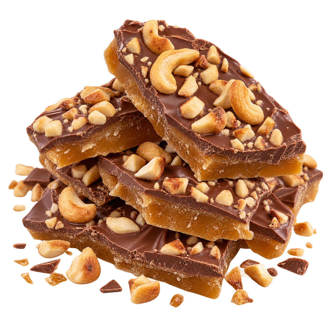 Milk chocolate toffee topped with whole and chopped cashews
