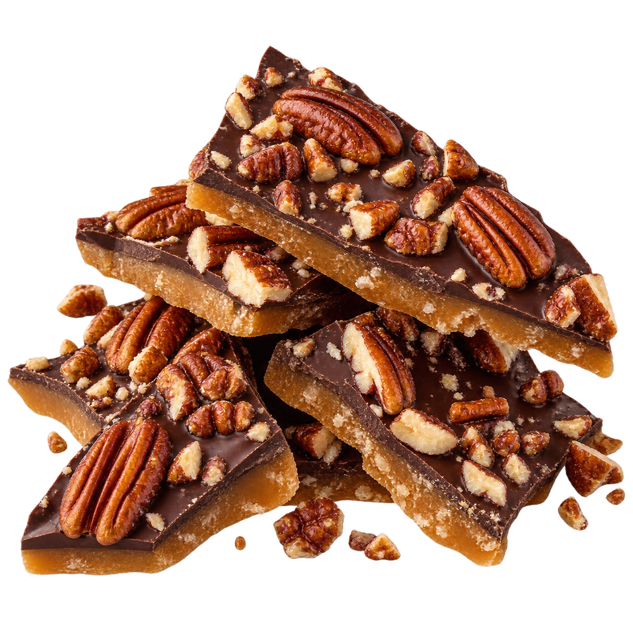 Handmade milk chocolate toffee topped with pecans