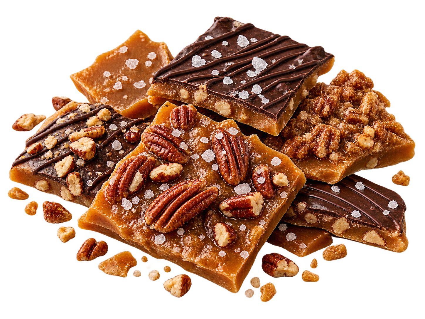 An assortment of chocolate, pecan, and nut-topped toffee pieces sprinkled with sea salt