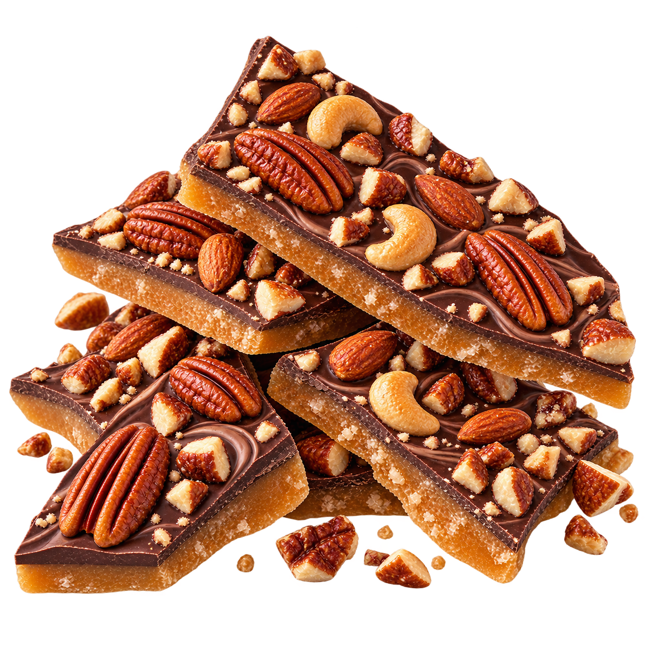 Chocolate toffee topped with pecans, almonds, and cashews