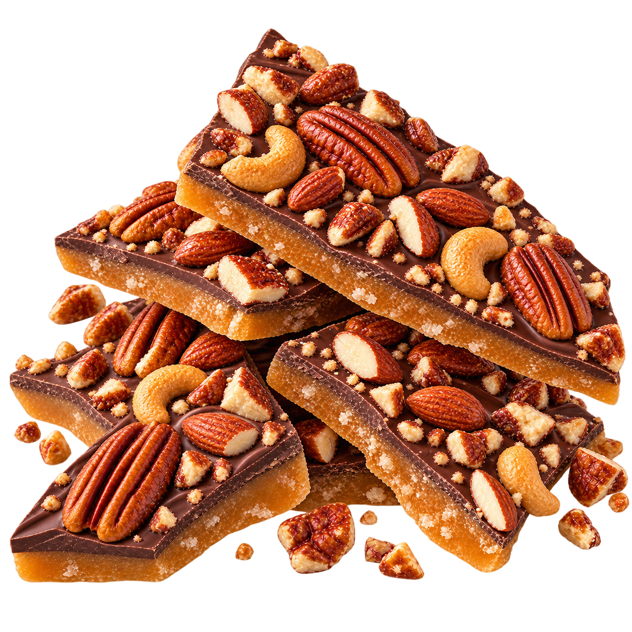 Chocolate toffee topped with pecans, almonds, and cashews