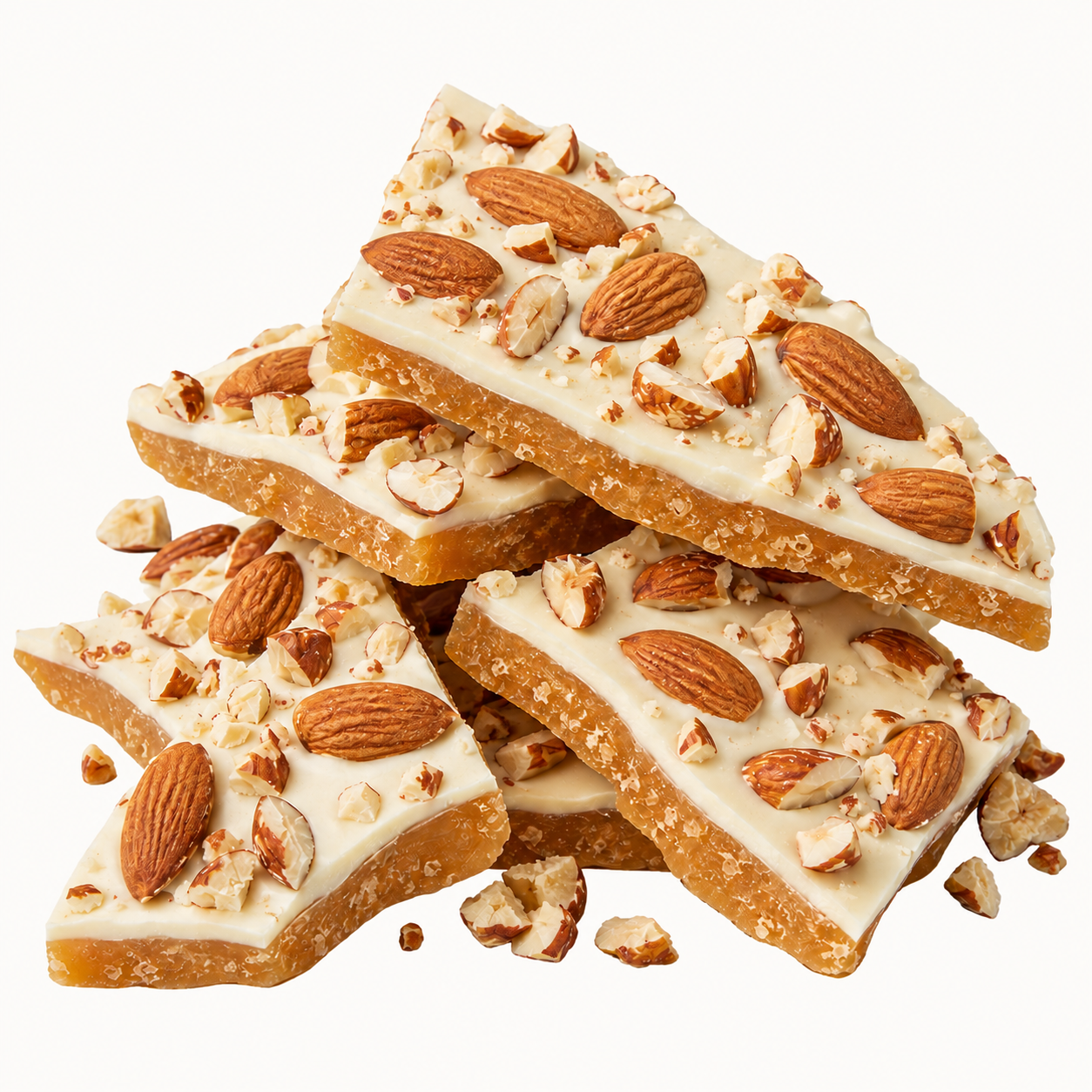 White chocolate almond toffee stacked with toasted whole and chopped almonds